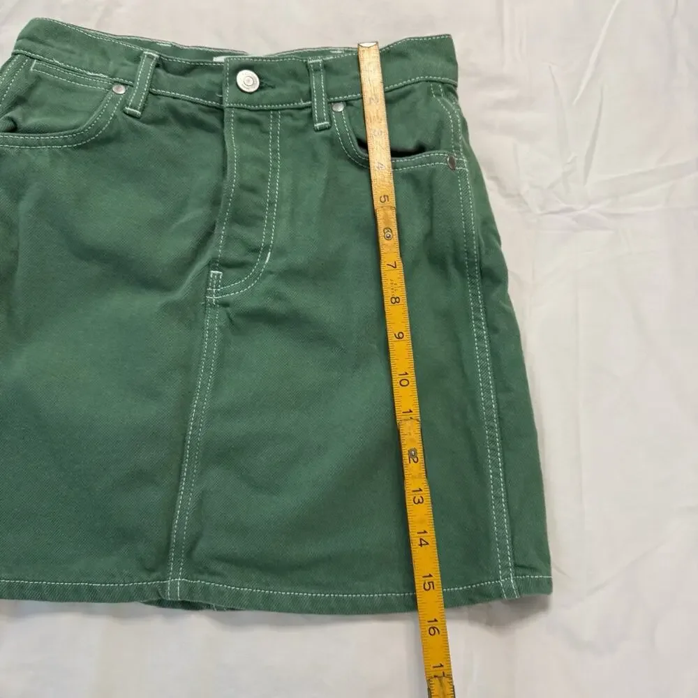 Reformation Cowboy High Rise Denim Mini Skirt Green‎ Size 25 Button Fly
